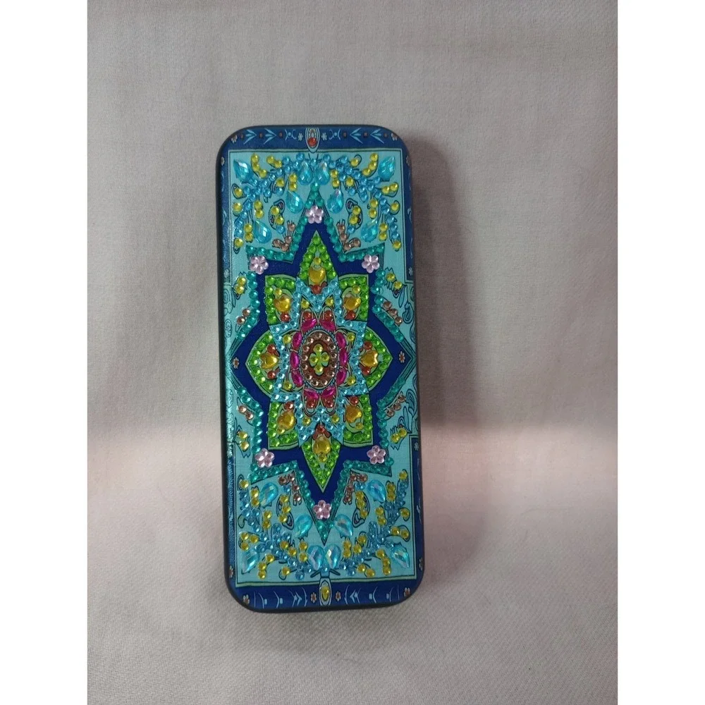 Handmade Diamond Painting Eyeglass Case Blue Mandala Floral‎ Rhinestone...